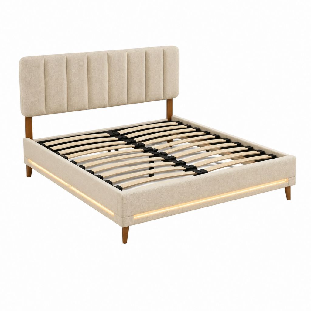 Polsterbett Doppelbett Beige Polyester mit LED-Beleuchtung und Lattenrost 160 x 200 cm
