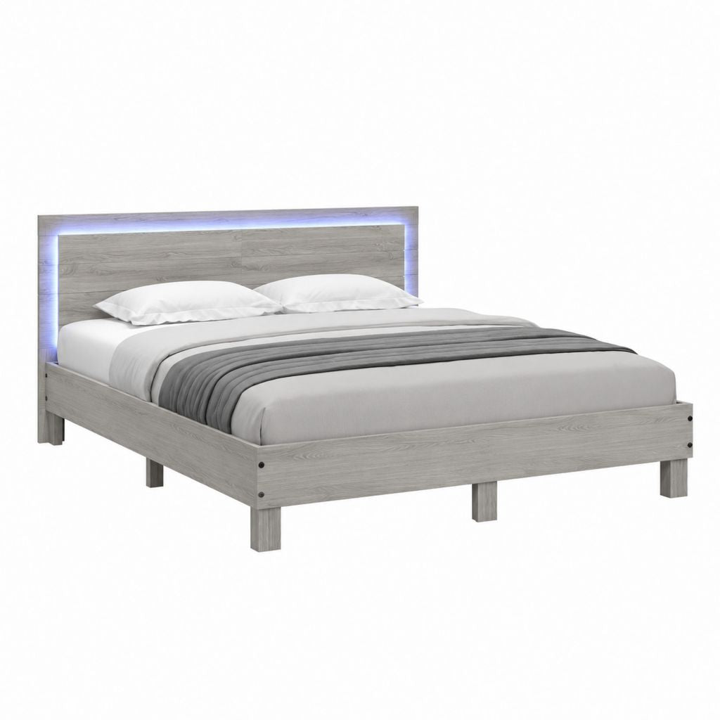 Doppelbett Bettgestell Grau Spanplatte Rechteckig mit LED-Kopfteil 160 x 200 cm