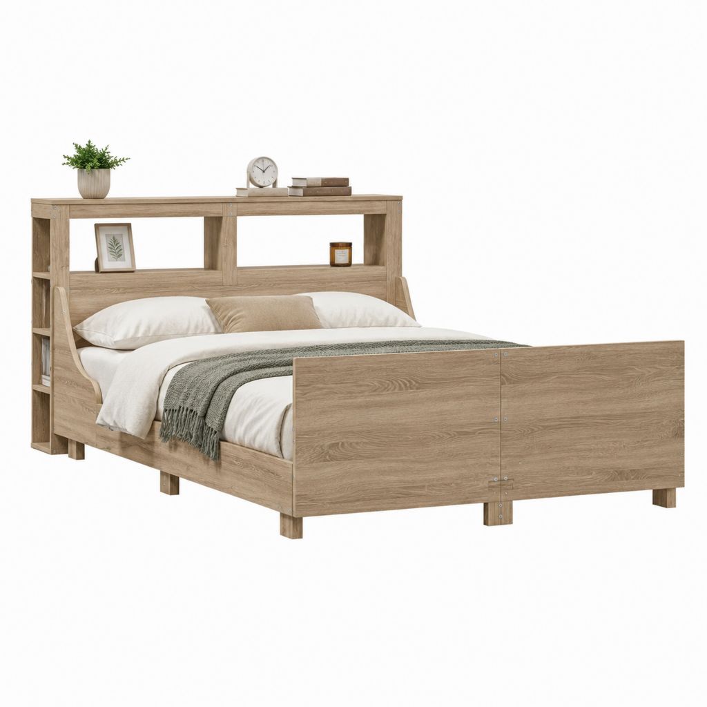 Bettgestell mit Regal-Kopfteil Eiche hell Spanplatte rechteckig 160 x 200 cm