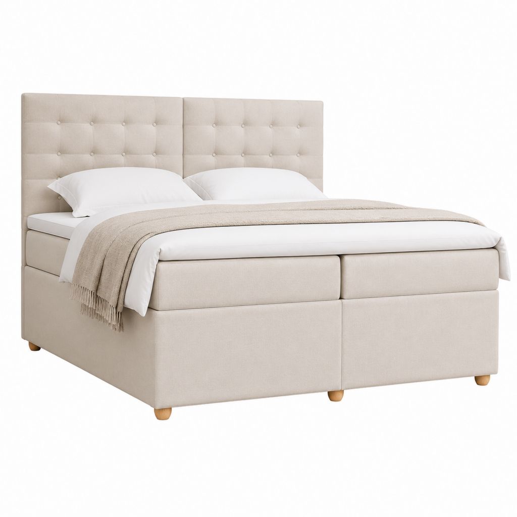 Boxspringbett Beige mit Polyesterbezug und gepolstertem Kopfteil 180 x 200 cm
