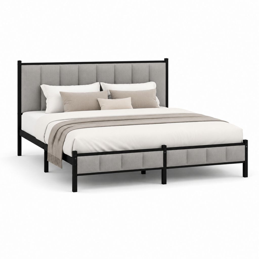 Polsterbett Bettgestell Grau Schwarz aus pulverbeschichtetem Stahl und Polyester 160 x 200 cm