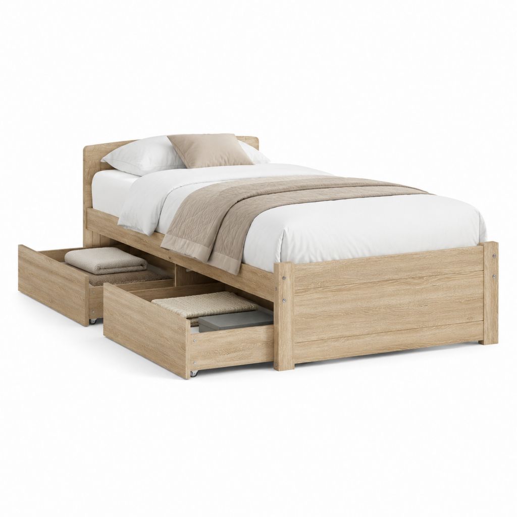 Einzelbett Bettgestell mit 2 Schubladen Eiche Natur Spanplatte rechteckig 90 x 200 cm